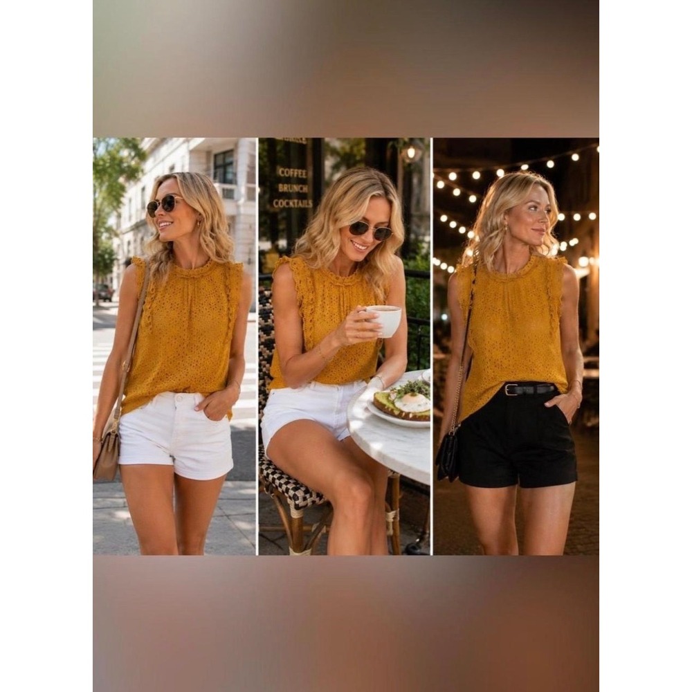Maeve‎ Anthropologie Tilly Yellow Cotton Eyelet Ruffle Sleeveless Blouse Size:4 - Picture 2 of 10